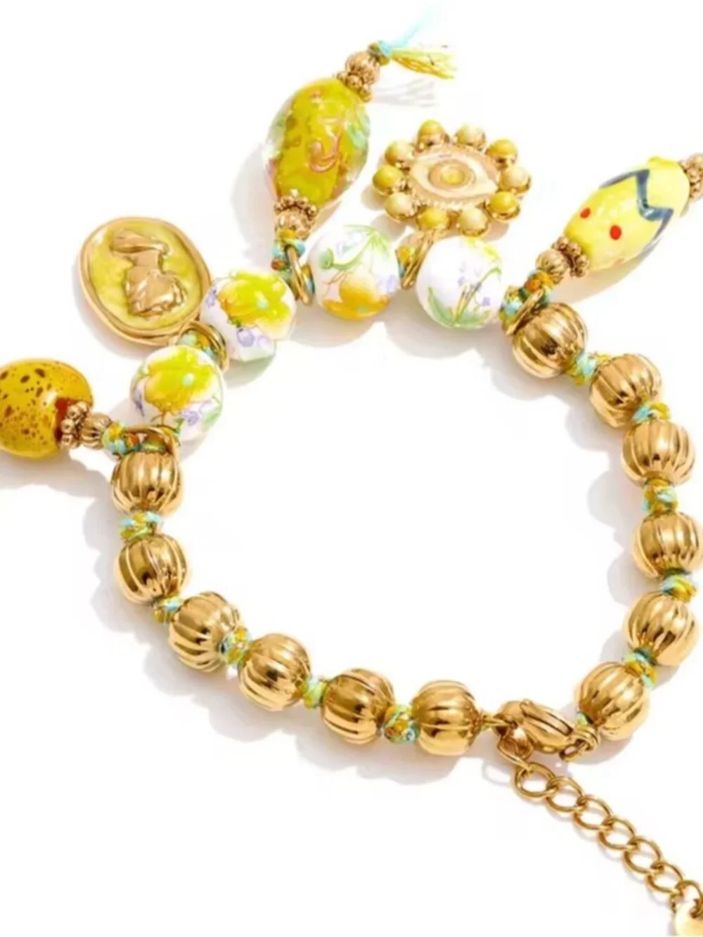 Gold-tone Necklace with Green, Yellow and White Beaded Charms